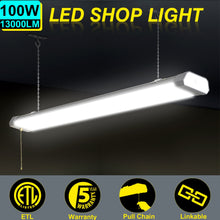 Load image into Gallery viewer, 100W Linkable LED Shop Light | 4FT 13000LM 5000K | With Plug | 120V LED Garage Ceiling Workshop Light | ON/Off Pull Chain | Suspended &amp; Flush Mount
