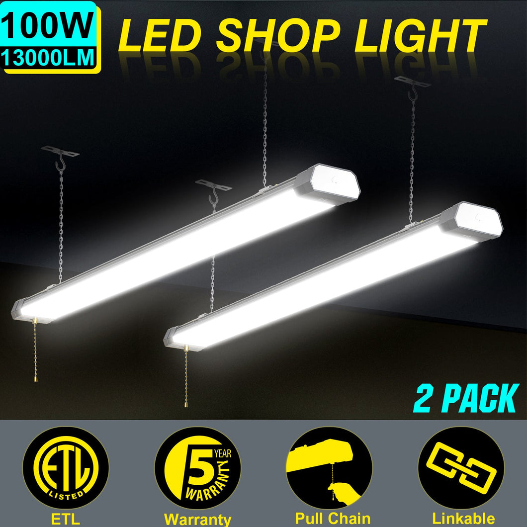 100W Linkable LED Shop Light | 4FT 13000LM 5000K | With Plug | 120V LED Garage Ceiling Workshop Light | ON/Off Pull Chain | Suspended & Flush Mount