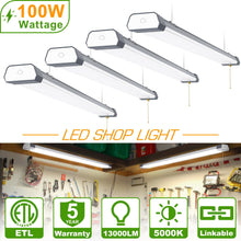 Load image into Gallery viewer, 100W Linkable LED Shop Light | 4FT 13000LM 5000K | With Plug | 120V LED Garage Ceiling Workshop Light | ON/Off Pull Chain | Suspended &amp; Flush Mount
