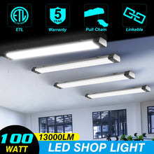 Load image into Gallery viewer, 100W Linkable LED Shop Light | 4FT 13000LM 5000K | With Plug | 120V LED Garage Ceiling Workshop Light | ON/Off Pull Chain | Suspended &amp; Flush Mount
