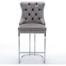 Cargar imagen en el visor de la galería, 26&quot; Counter Height Bar Stools Set of 2, Modern Velvet Barstools with Button Back&amp;Rivet Trim Upholstered Kitchen Island Chairs with Sturdy Chromed Metal Base Legs Farmhouse Bar Stools, (Gray, 2 Pack)
