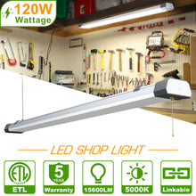 Cargar imagen en el visor de la galería, 120W LED Shop Light, 4FT, 16800LM, 5000K, Linkable, With Plug, 120V±10%, ON/Off Pull Chain, Suspended &amp; Flush Mount
