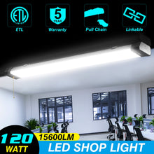 Cargar imagen en el visor de la galería, 120W LED Shop Light, 4FT, 16800LM, 5000K, Linkable, With Plug, 120V±10%, ON/Off Pull Chain, Suspended &amp; Flush Mount
