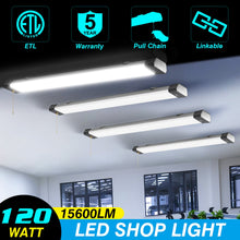 Cargar imagen en el visor de la galería, 120W LED Shop Light, 4FT, 16800LM, 5000K, Linkable, With Plug, 120V±10%, ON/Off Pull Chain, Suspended &amp; Flush Mount
