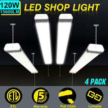 Cargar imagen en el visor de la galería, 120W LED Shop Light, 4FT, 16800LM, 5000K, Linkable, With Plug, 120V±10%, ON/Off Pull Chain, Suspended &amp; Flush Mount
