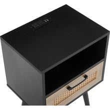 Load image into Gallery viewer, 15.75&quot; Rattan End table with Power Outlet &amp; USB Ports, Modern nightstand with drawer and solid wood legs, side table for living roon, bedroom, black
