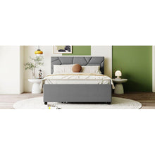 Carregar imagem no visualizador da galeria, Full Size Upholstered Platform Bed with Brick Pattern Headboard and Twin Size Trundle, Linen Fabric, Gray
