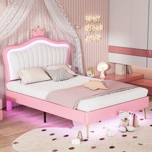Cargar imagen en el visor de la galería, Full Size Upholstered Bed Frame with LED Lights,Modern Upholstered Princess Bed With Crown Headboard,White+Pink
