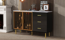 Carregar imagem no visualizador da galeria, Modern Sideboard MDF Buffet Cabinet Marble Sticker Tabletop and Amber-yellow Tempered Glass Doors with Gold Metal Legs &amp; Handles (Black)
