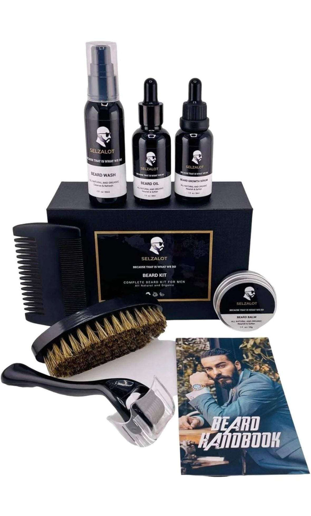 SELZALOT Beard Growth Kit Facial Hairs Men's Grooming Set 7 Pieces Beard Products with Oil, Serum, Balm, Shampoo, Comb, Brush and Hand Beard Care Kit for Men Men Self Care