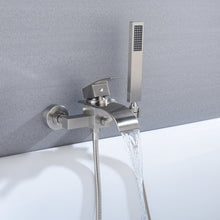 Load image into Gallery viewer, Brushed Nickel Waterfall Wall-Mount Bath Tub Filler Faucet: Complete with Handheld Shower for a Luxurious Bathing Experience
