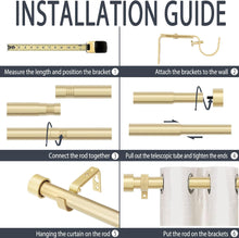 Carregar imagem no visualizador da galeria, Zeerobee Curtain Rods for Windows 48 to 84, 1 Inch Gold Curtain Rod Set, Heavy Duty Drapery Rods with Adjustable Curtain Rods, Outdoor Modern Curtain
