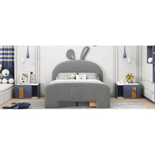 Load image into Gallery viewer, Full Size Velvet Platform Bed with Rabbit-Shaped Headboard, with Drawers, with Bed-End Storage Pocket, Gray
