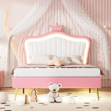 Cargar imagen en el visor de la galería, Full Size Upholstered Bed Frame with LED Lights,Modern Upholstered Princess Bed With Crown Headboard,White+Pink
