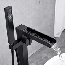 Cargar imagen en el visor de la galería, Bathroom Freestanding Waterfall Tub filler Matte Black Floor Mount Faucet with Hand Shower
