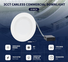 Load image into Gallery viewer, 8 Inch Recessed LED Commercial Downlight with J-Box | Wattage Adjustable 16/21/27W | 3 Color Selectable 3000K-5000K | 120-277V | 0-10V Dimmable | IC Rated | Canless LED Downlight | UL Listed
