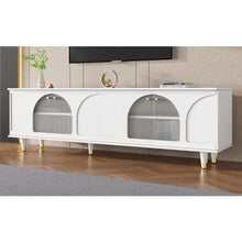 Carregar imagem no visualizador da galeria, Contemporary TV Stand with Adjustable Shelves for TVs Up to 78&quot;, Stylish Media Console with Gold Handles and Arch Fluted Glass Doors, Delicate Entertainment Center for Living Room, White
