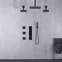 Load image into Gallery viewer, Matte Black Rainfall Shower System: 12&quot; or 16&quot; with 5-Way Thermostatic Valve, Body Jets
