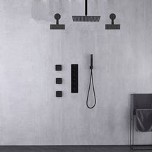 Load image into Gallery viewer, Matte Black Rainfall Shower System: 12&quot; or 16&quot; with 5-Way Thermostatic Valve, Body Jets
