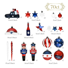 Carregar imagem no visualizador da galeria, USA Flag Inspired Patriotic Ornament Set, 70pc Red White Blue Baubles
