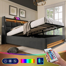 Carregar imagem no visualizador da galeria, Full size Upholstered Platform bed with a Hydraulic Storage System, LED and USB Charging, Grey (without mattress)

