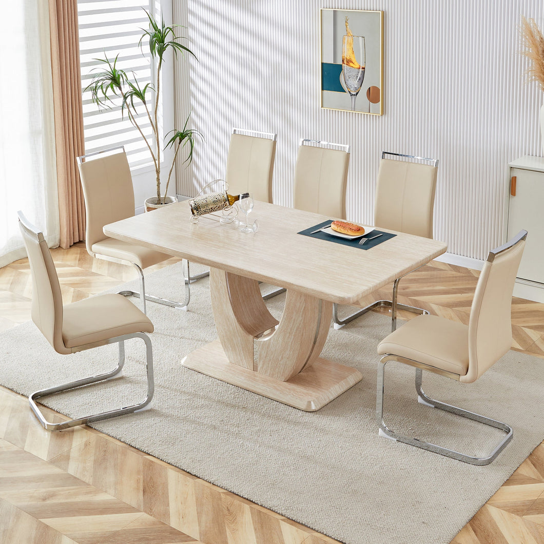 Table and chair set.Modern minimalist luxury MDF rectangular dining table with light yellow textured stickers on the table, 6 PU synthetic leather high backrest soft cushioned side chairs.