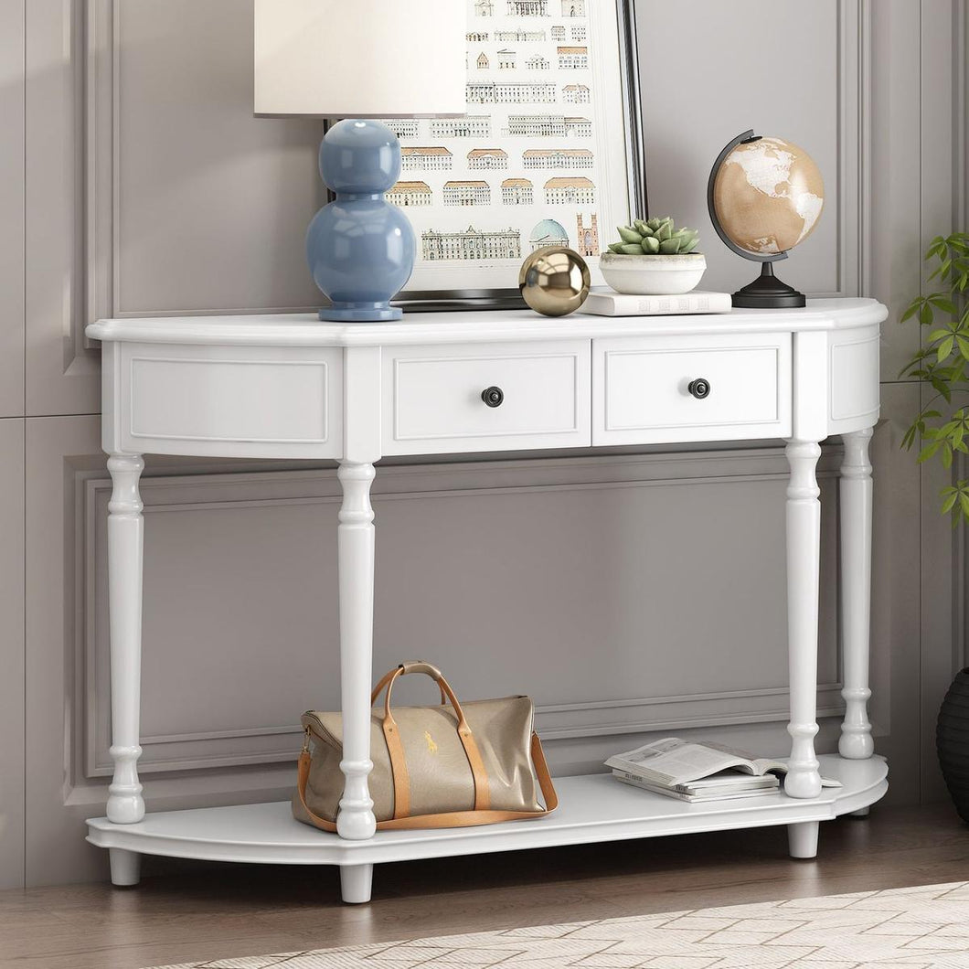 Retro Circular Curved Design Console Table with Open Style Shelf Solid Wooden Frame and Legs Two Top Drawers (White