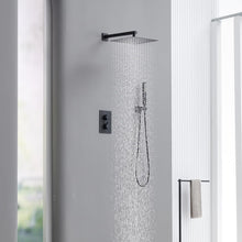 Carregar imagem no visualizador da galeria, TRUSTMI Thermostatic Shower System Set Matte Black, 3-Way Push Button Diverter Brass Wall Mount Ceiling Shower Faucet Complete with16 Inch 2 Modes Wat
