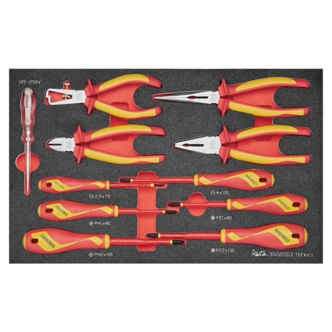 Teng Tools 11 Piece 1000 Volt Insulated Plier (Side Cutting, Combination, Long Nose, Wire Stripping) And Screwdriver (Flat, PH, PZ) EVA Foam Tray - TEFXV11