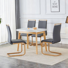 Load image into Gallery viewer, White stone burning tabletop with rubber wooden legs, foldable computer desk, foldable office desk, Modern PU leather high back cushion side chair with wood grain metal legs.
