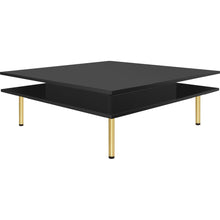 Carregar imagem no visualizador da galeria, Exquisite High Gloss Coffee Table with 4 Golden Legs and 2 Small Drawers, 2-Tier Square Center Table for Living Room, Black
