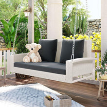 Cargar imagen en el visor de la galería, 2-Person Wicker Hanging Porch Swing with Chains, Cushion, Pillow, Rattan Swing Bench for Garden, Backyard, Pond. (White Wicker, Gray Cushion)
