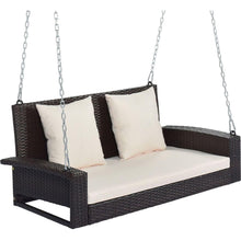 Load image into Gallery viewer, 2-Person Wicker Hanging Porch Swing with Chains, Cushion, Pillow, Rattan Swing Bench for Garden, Backyard, Pond. (Brown Wicker, Beige Cushion)
