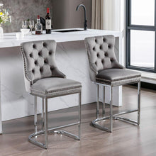 Cargar imagen en el visor de la galería, 26&quot; Counter Height Bar Stools Set of 2, Modern Velvet Barstools with Button Back&amp;Rivet Trim Upholstered Kitchen Island Chairs with Sturdy Chromed Metal Base Legs Farmhouse Bar Stools, (Gray, 2 Pack)

