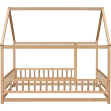 Load image into Gallery viewer, Full Size Floor Wooden Bed with House Roof Frame, Fence Guardrails, Natural
