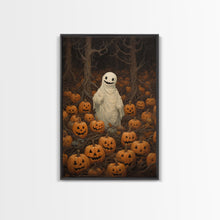 Carregar imagem no visualizador da galeria, Fall Omens - Spooky Ghost In A Pumpkin Patch, Halloween Decor, Fall Art, Framed Canvas Print, Spooky Halloween Decor
