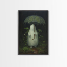 Carregar imagem no visualizador da galeria, Ghost Holding an Umbrella In The Rain, Vintage Halloween Canvas Print, Framed Canvas, Halloween Wall Art, Dark Academia, Spooky Haunted
