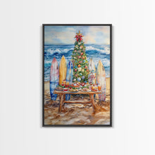 Cargar imagen en el visor de la galería, Christmas tree with surfboards on the beach, Framed Canvas Print tropical holiday wall art perfect beach Christmas decor holiday gift idea
