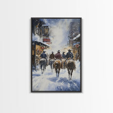Load image into Gallery viewer, Cowboys Riding Into Town On Christmas, Western Christmas Decor, Framed Canvas Print, Christmas Outdoor Decor, Christmas poster
