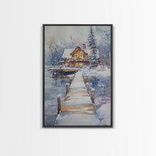 Cargar imagen en el visor de la galería, Christmas At The Lake, Framed Canvas Print, Wood Frame Lake House Decor, Winter Lakehouse Art
