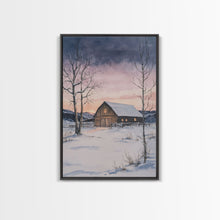 Load image into Gallery viewer, Barn In The Winter, Framed Canvas Print, Winter Landscape Print, Rustic Christmas Art, Primitive Decor
