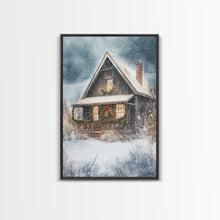 Carregar imagem no visualizador da galeria, Beautiful Woods Cabin Framed Canvas Print, Extra Large Fall Decor, Mid Century Modern Winter Wall Art, Modern Christmas
