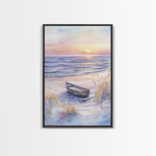Carregar imagem no visualizador da galeria, Abandoned Canoe On The Beach, Framed Canvas Print, Nautical Decor, Christmas Outdoor Decor, Christmas Prints Wall Art
