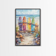 Cargar imagen en el visor de la galería, Christmas Surfboards On A Snowy Beach, Framed Canvas Print, Tropical / Nautical Christmas Art or Gift Idea, Christmas Poster
