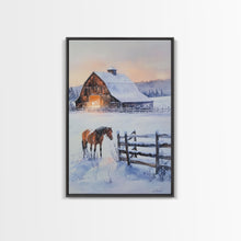 Cargar imagen en el visor de la galería, Christmas On The Farm, Winter Wall Art Framed Canvas Print, Gift Idea, Seasonal Decor, Barn Painting, Farmhouse Art
