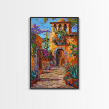 Carregar imagem no visualizador da galeria, Bright Mexican Style Courtyard Tall Art Framed Canvas Print Featuring Vibrant Architecture And Desert Scenery
