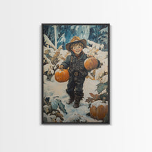 Load image into Gallery viewer, Cowboy Christmas Decor Framed Canvas Print with Pumpkin in Snow, Rustic Holiday Home Wall Art and Seasonal Gift Idea 2024
