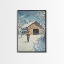 Load image into Gallery viewer, Cowboy Walking in Snow Scene Framed Canvas Print - Moody Landscape Art for Winter Home Decor 2024 Rustic Winter Wall Art
