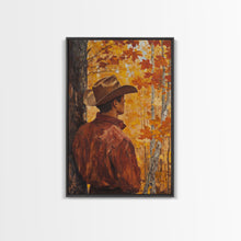 Load image into Gallery viewer, Cowboy in Autumn Forest Framed Canvas Print - Rustic Fall Wall Art Perfect Gift Idea 2024 Country Decor - Moody Landscape Art
