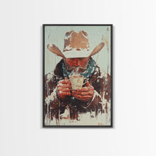 Load image into Gallery viewer, Cowboy Riding Horse in Winter Forest Framed Canvas Print - Moody Winter Landscape Art Perfect 2024 Christmas Home Decor
